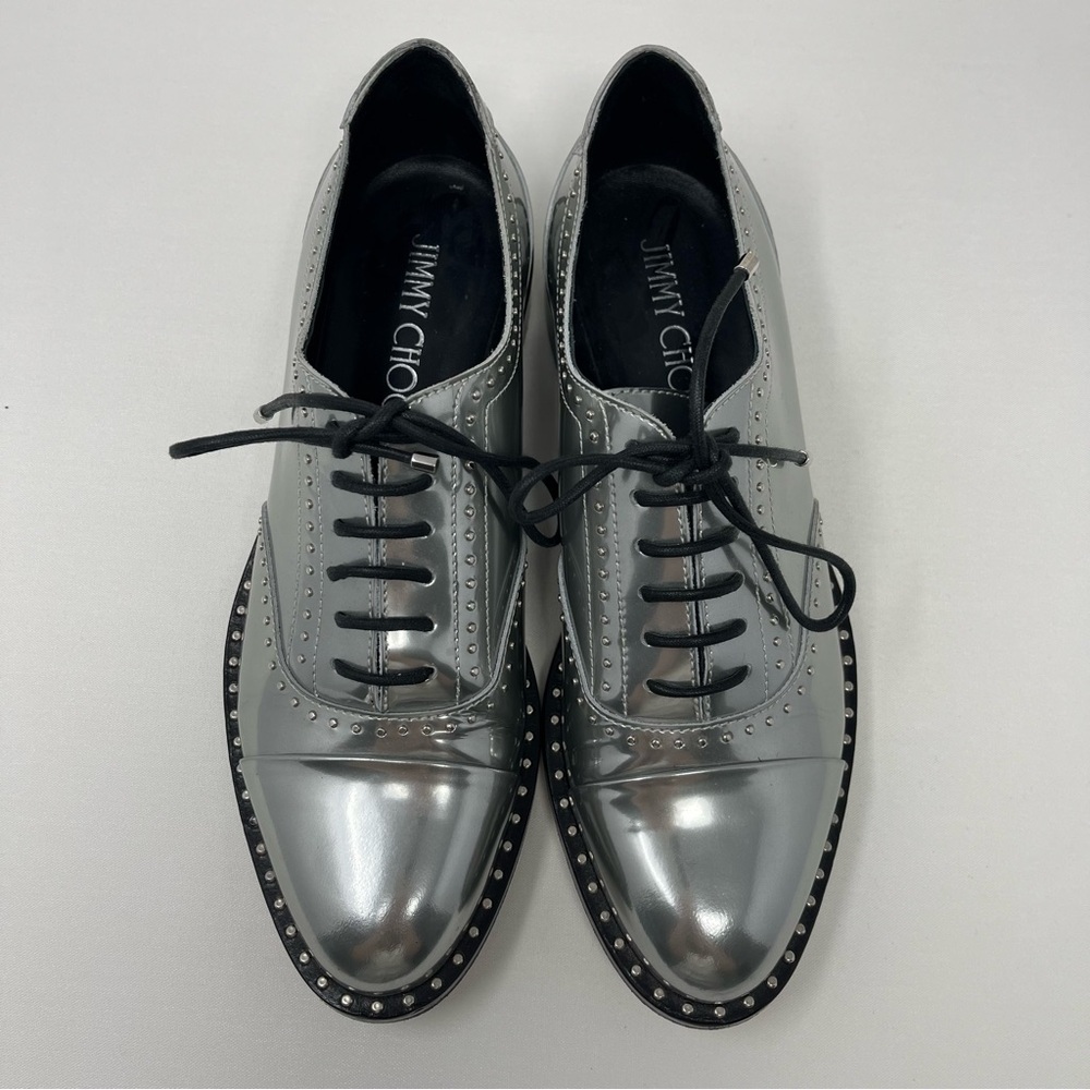 Jimmy Choo Reeve Metallic Oxford Shoes Size 38.5 Studded Lace Up Made In Italy